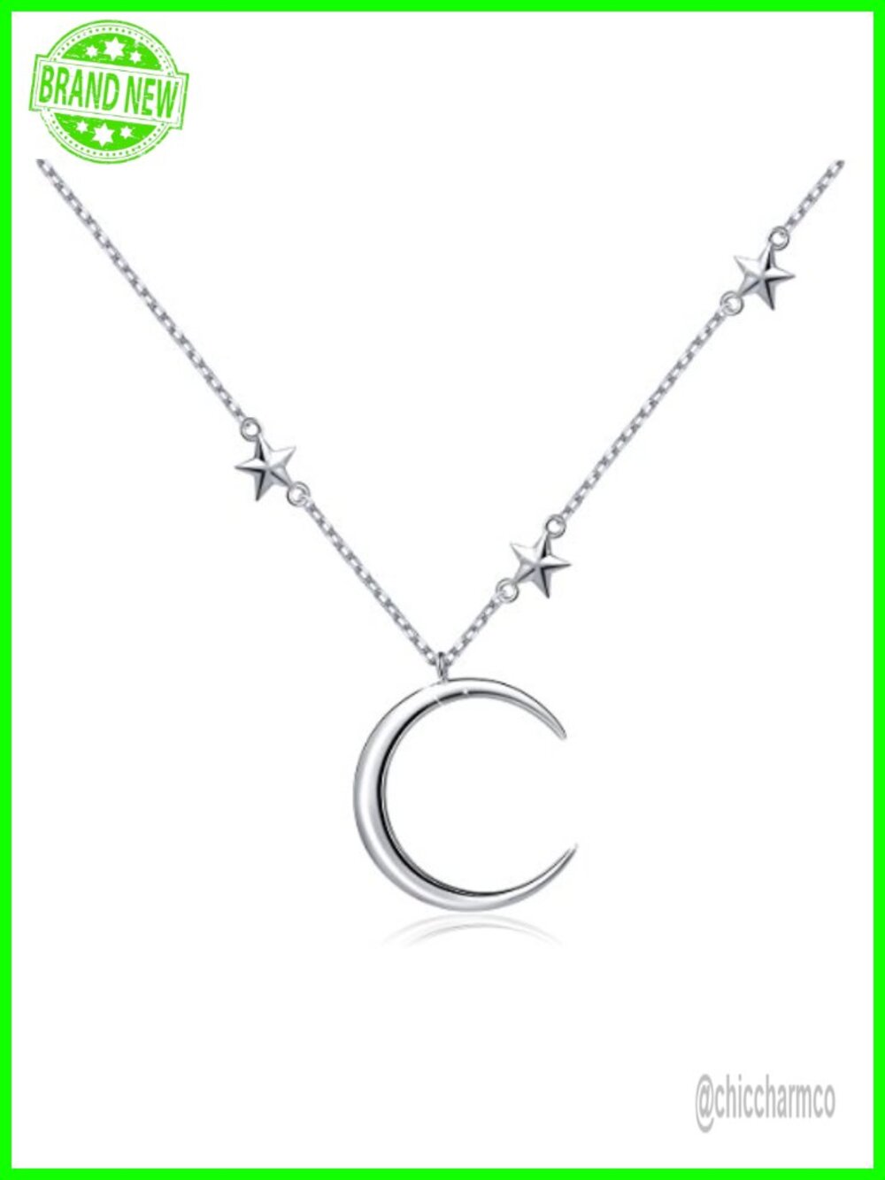 925 Sterling Silver Crescent Moon Star Pendant Necklace 18+2" Rolo Chain